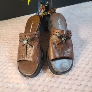 BareTraps Brown Leather Slide Sandals with Bow Accent